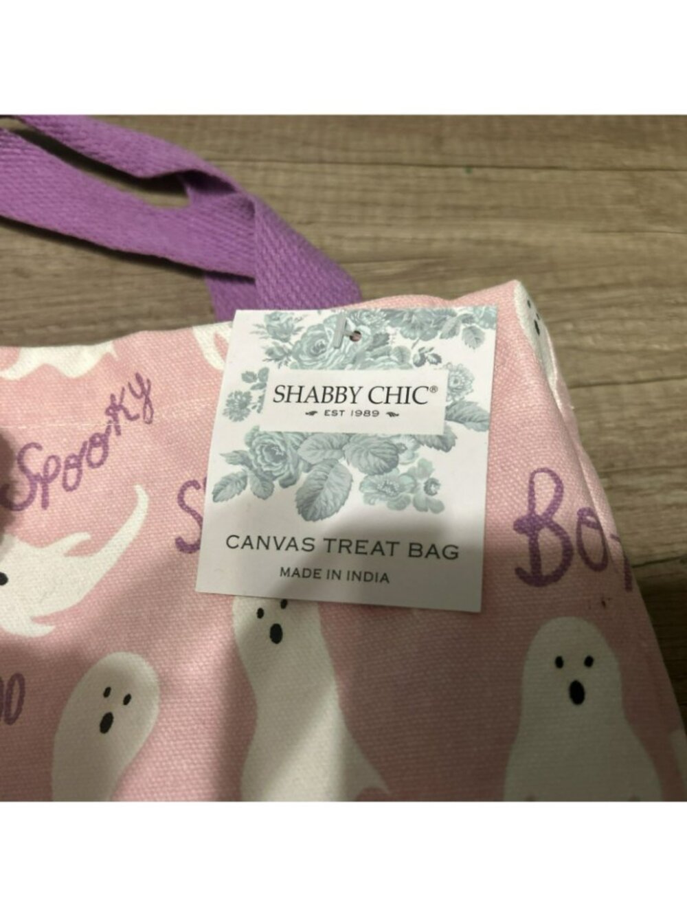 Shabby Chic Pink Canvas Treat Bag With Ghost Print & Purple Handles - Picture 2 of 4